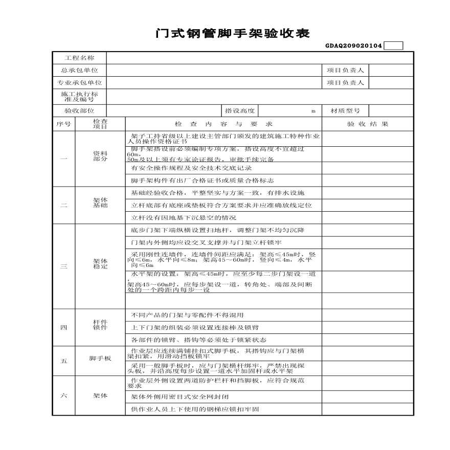 门式钢管脚手架验收表(含续表)