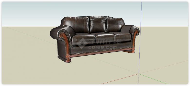 美式红木框架真皮三人沙发su模型-图二