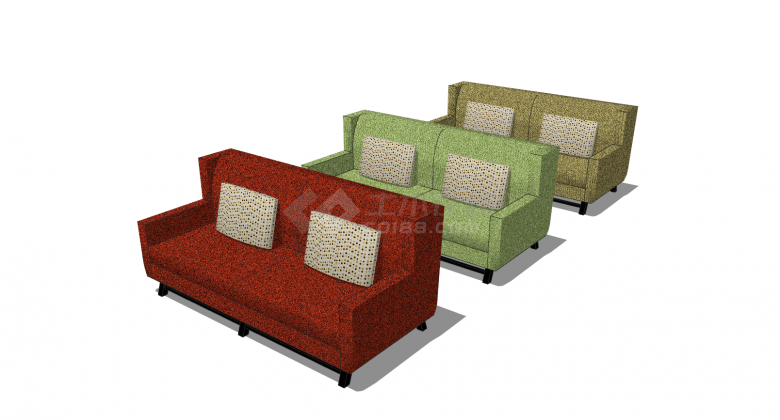 红棕绿三色沙发带抱枕su模型-图二