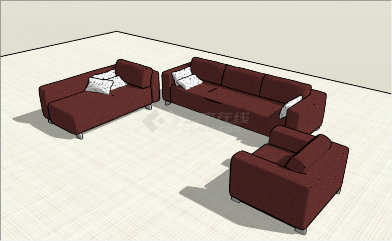 现代舒适酒红色沙发组合su模型-图一