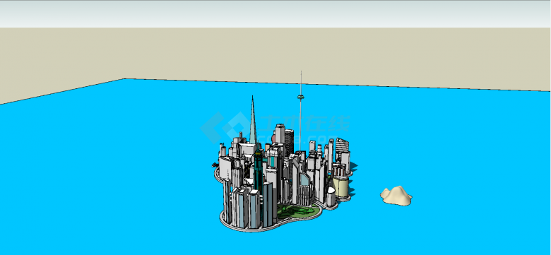 湖中小岛高楼建筑群su模型-图二