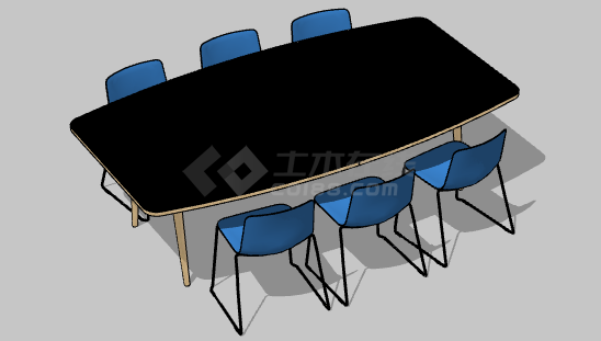 蓝椅子黑桌子现代办公室桌子su模型-图二