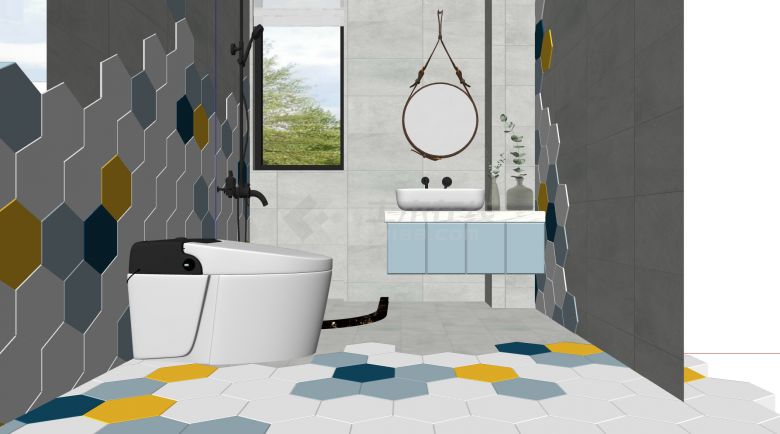 现代卫生间六边形彩色地砖灰色墙面砖洗手台马桶组合su模型-图一