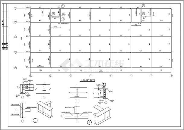 钢结构设计_三层商业用钢框架施工CAD图-图一