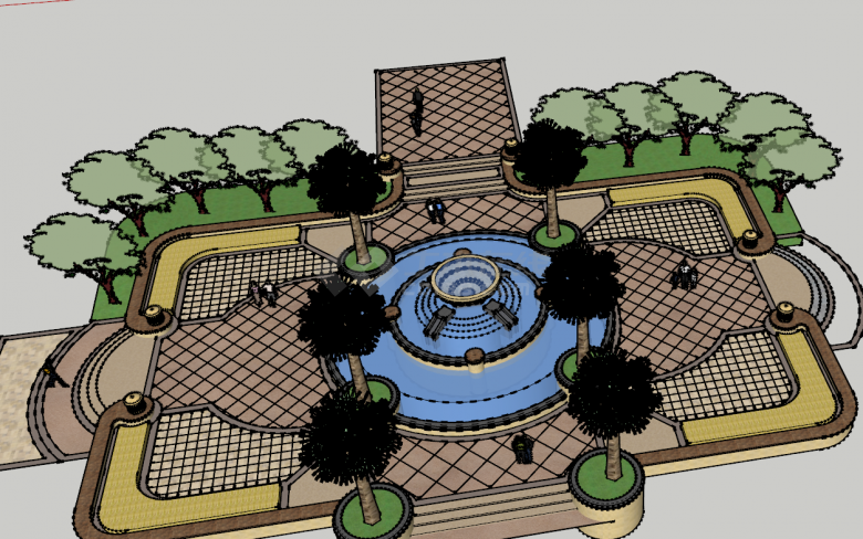 现代小型带喷泉园林广场公园su模型-图二