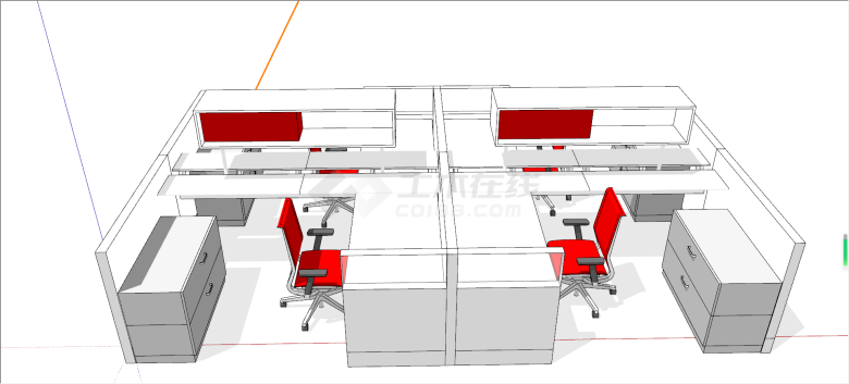 红色座椅的室内办公桌椅su模型-图一