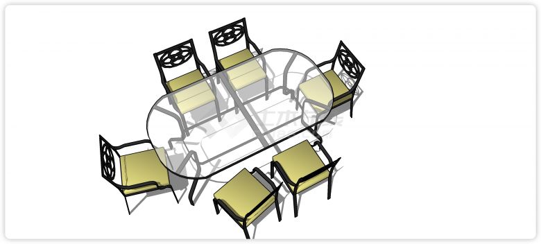 铁艺扶手靠背椅玻璃桌面饭桌组合su模型-图二