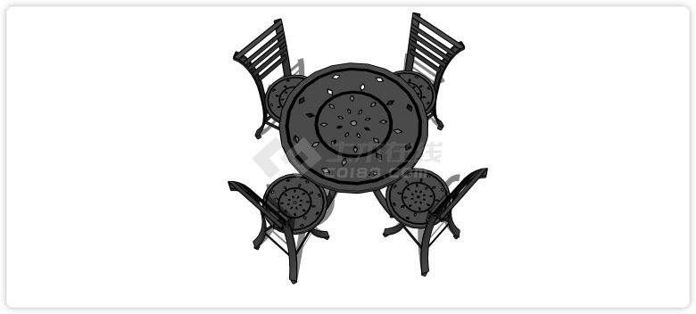 铁艺黑色漆棱形通花桌椅组合su模型-图二