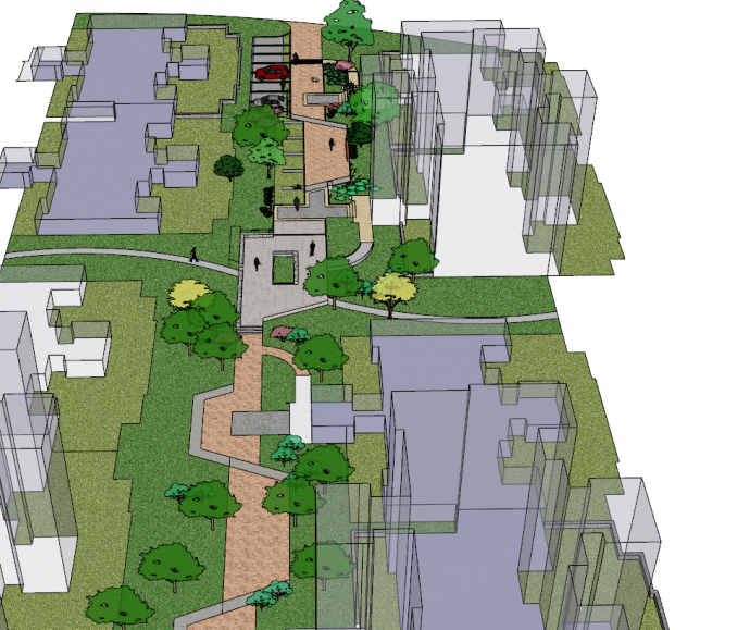 现代小区带绿植中心广场su模型_图1