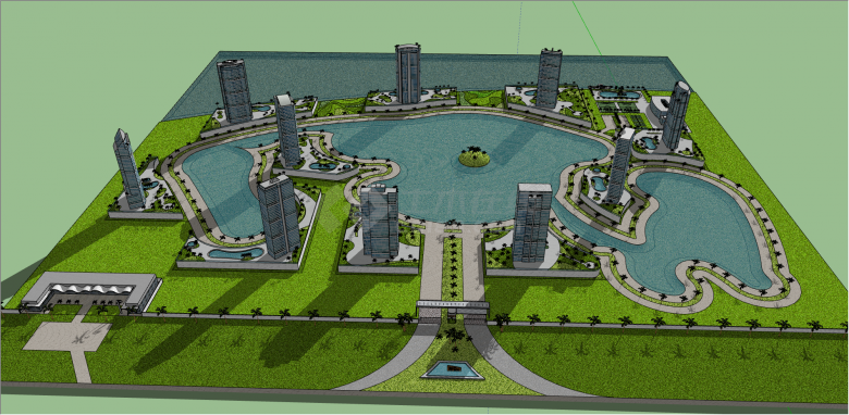 都市花园水池城市设计su模型-图一