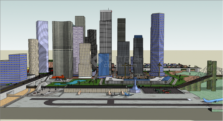 山坡飞机水池城市规划su模型-图二