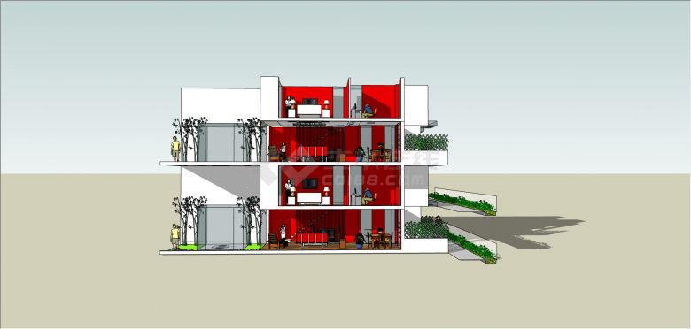红白双拼多层复式住宅su模型-图二