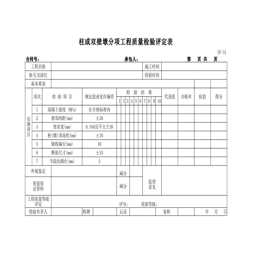 柱或双壁墩分项工程质量检验评定表-图一