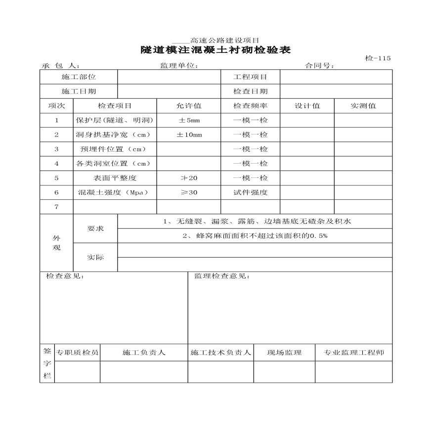 隧道模注混凝土衬砌检验表-图一