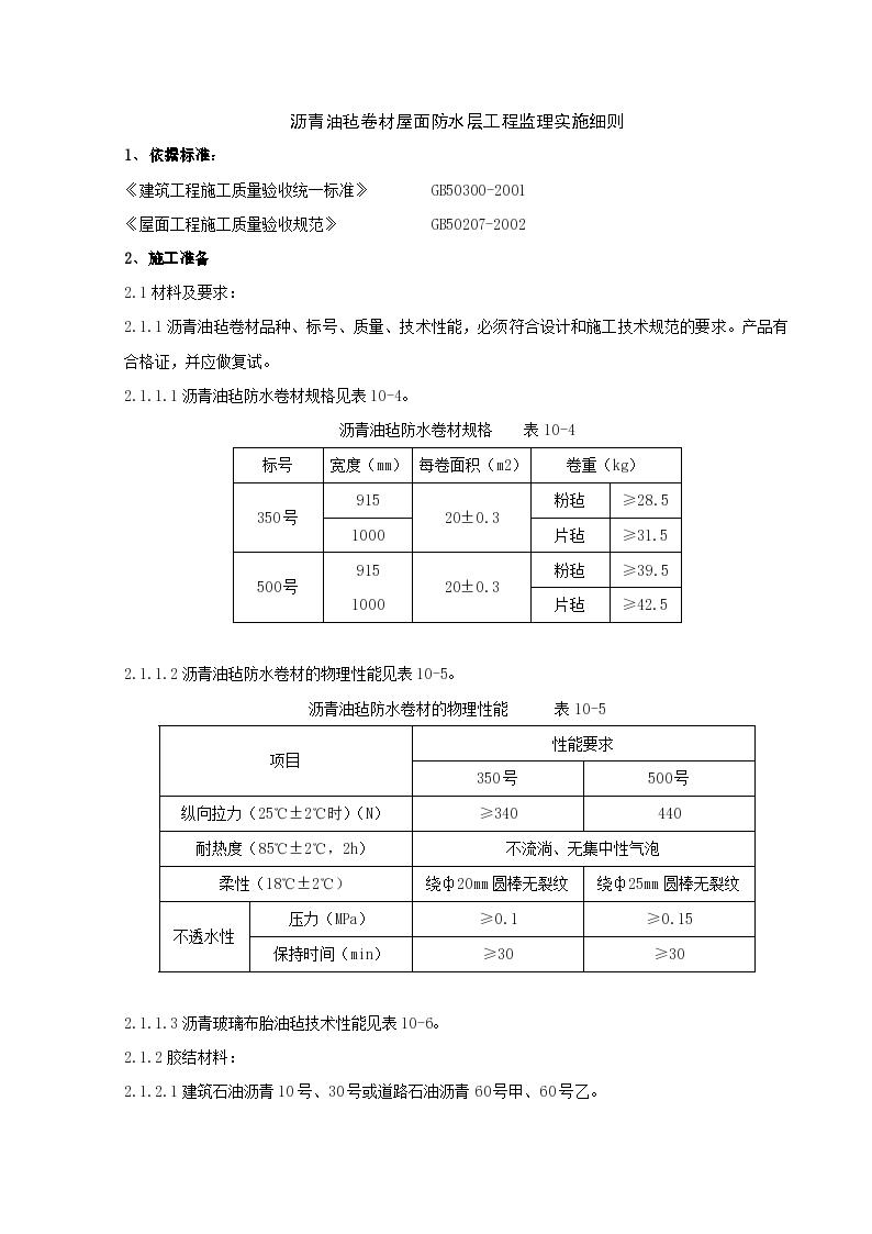 沥青油毡卷材屋面防水层工程监理实施细则