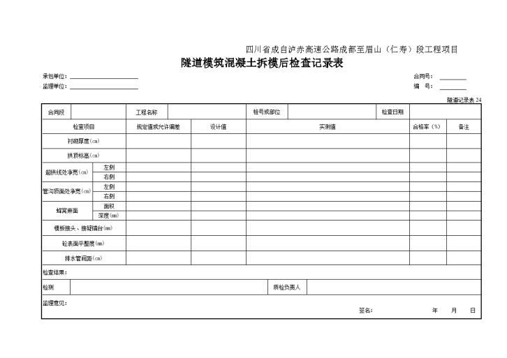 隧道模筑混凝土拆模后检查记录表-图一