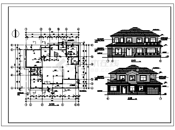 某二层砖混结构别墅建筑施工cad图，共三张-图一