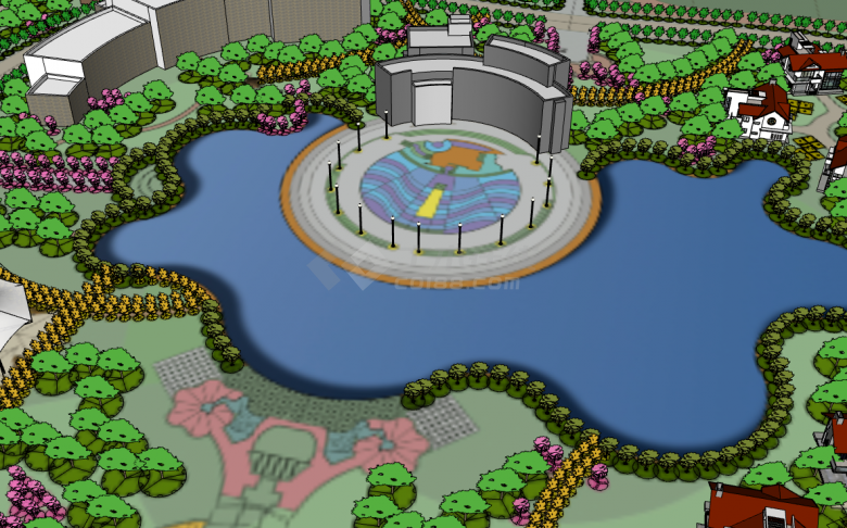粉色花水池小区规划su模型-图一
