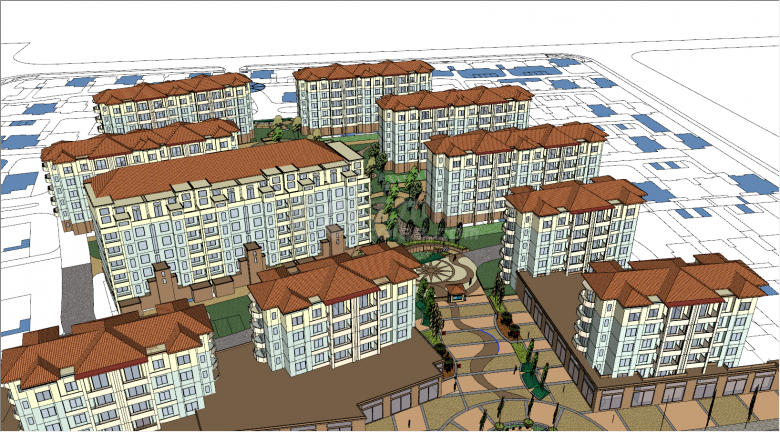 带绿化的多层住宅小区节点su模型-图一