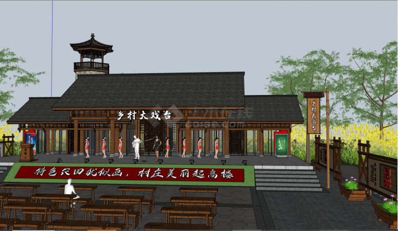 环境优美的有民族文化的中式乡村戏台su模型-图一