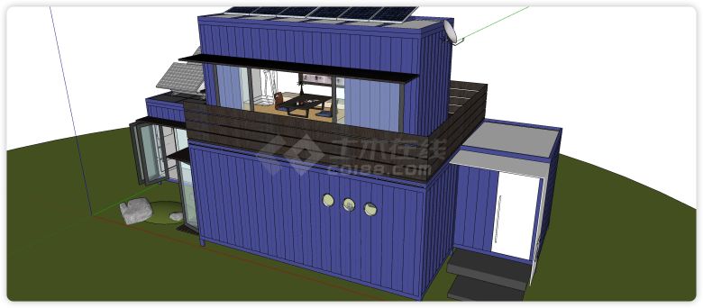 蓝紫色带露台太阳能装备集装箱别墅su模型-图二