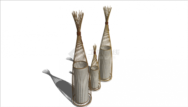 新中式三个不同规格竹笼灯罩落地灯su模型-图二