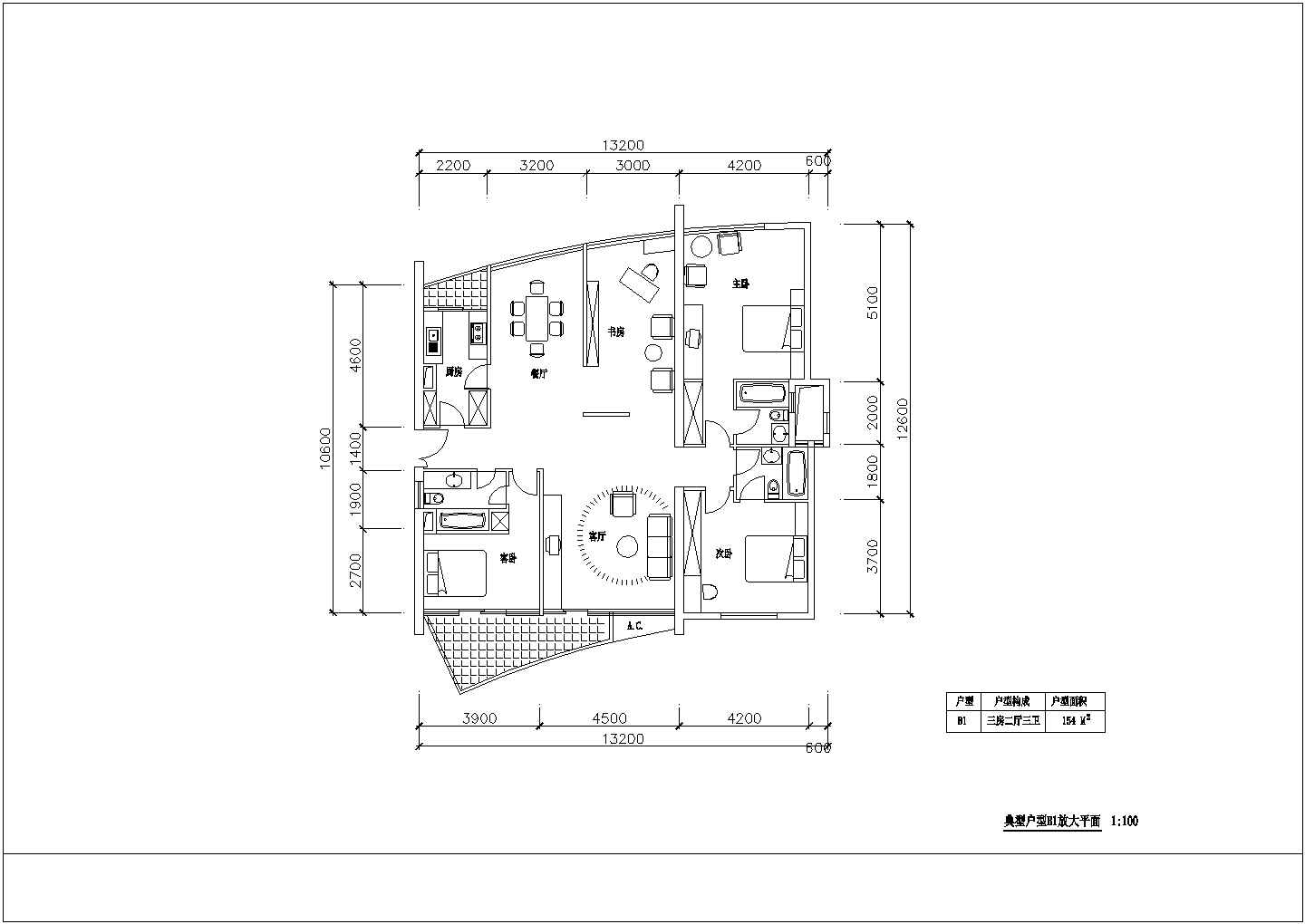 某跃式四房二厅三卫高层建筑CAD设计完整结构图