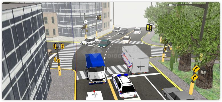 城市十字路口双向四车道道路公路su模型-图一