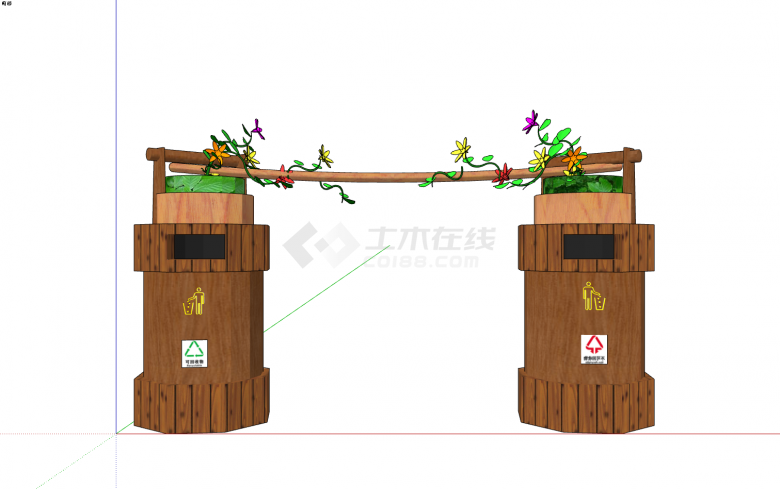 木质双水桶造型花藤缠绕中式垃圾桶su模型-图一