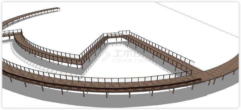钢结构围栏木制扶手大弧形景观栈道su模型-图二