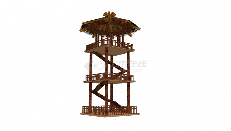 中式实木搭建瞭望塔建筑物su模型-图一
