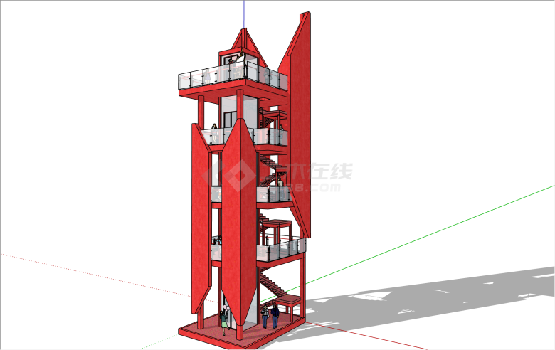 红色多层现代风格瞭望塔su模型-图一