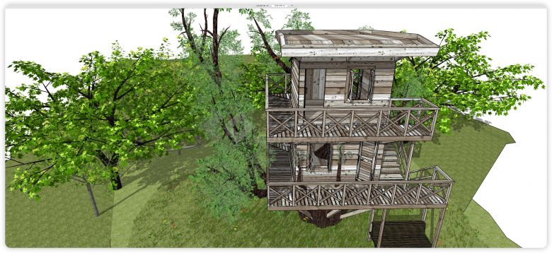 树林中腐木结构木屋双层瞭望塔su模型-图二