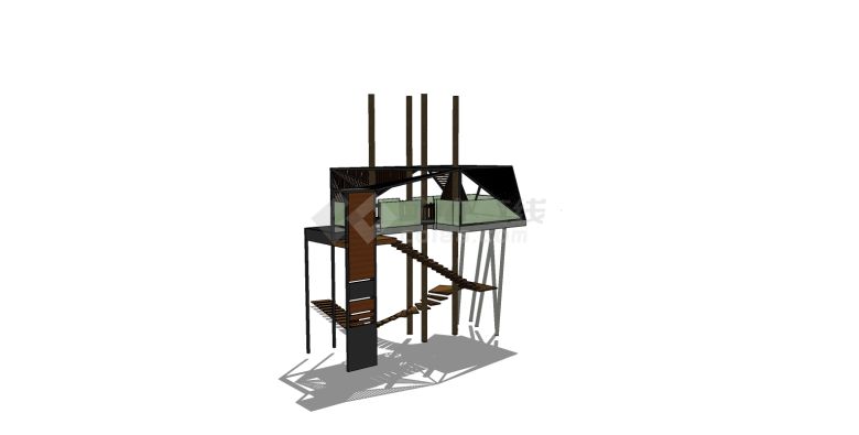 木制楼梯玻璃围栏瞭望塔su模型-图一