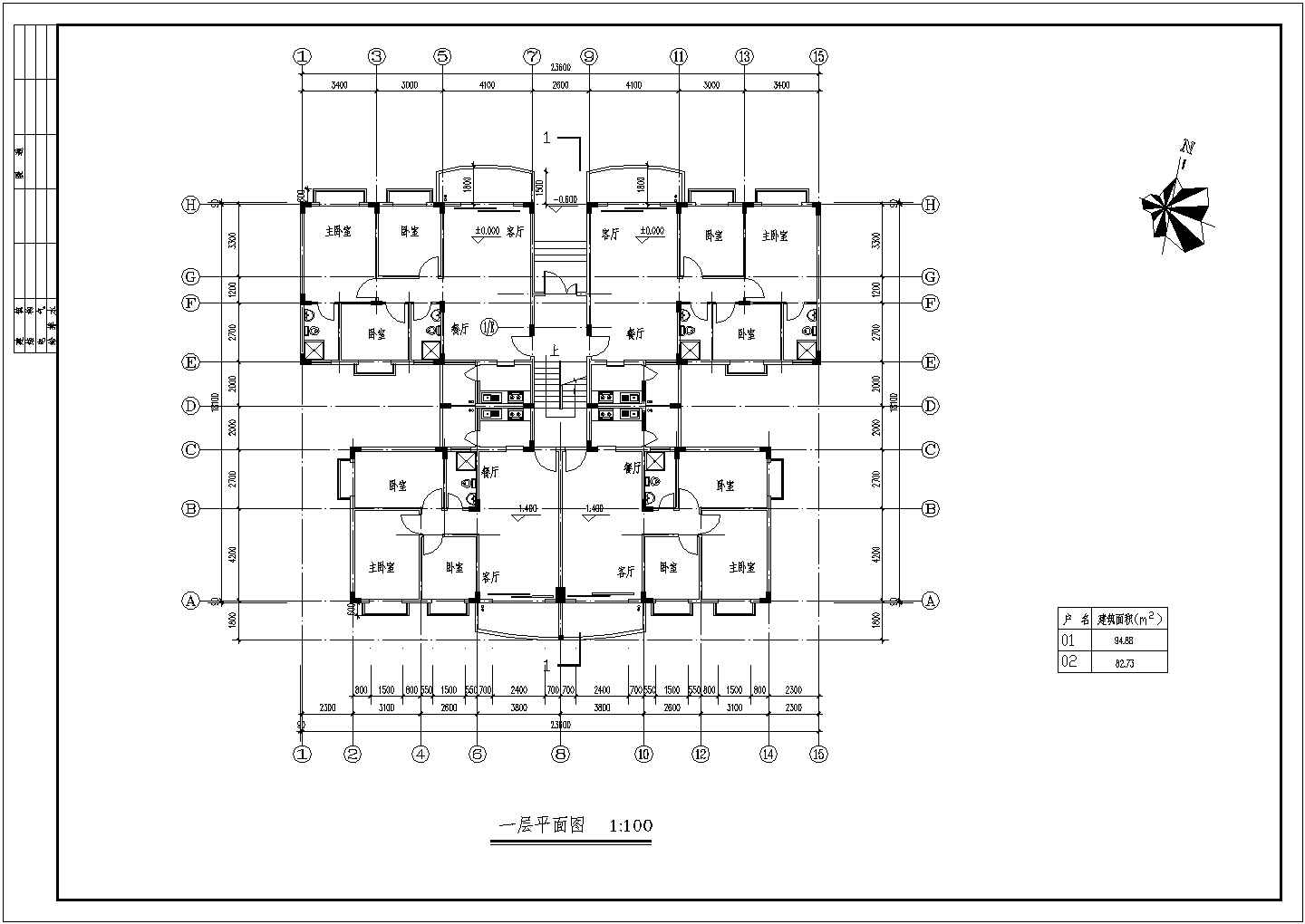 住宅设计_七层复式1梯4户点式住宅楼设计CAD图