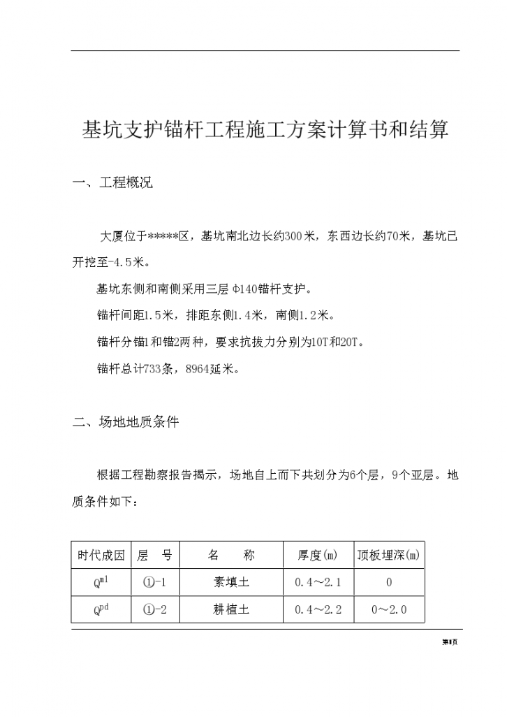 某地区基坑支护锚杆工程施工组织设计方案计算书和结算-图一