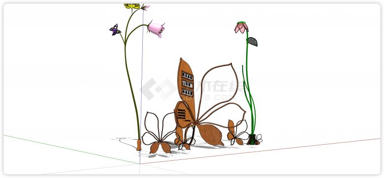 蝴蝶花丛造型入口标识su模型-图二