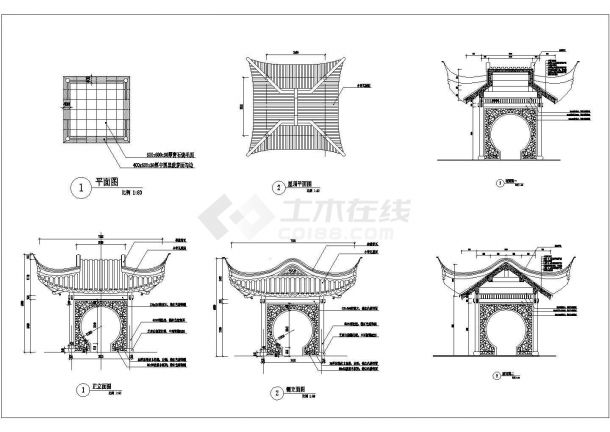 中式仿古歇山顶斗拱四角景观亭轩施工图详图  -图一