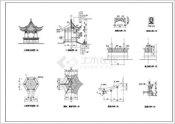 某园林景观小品仿古风格六角亭设计cad全套建筑施工图-图一