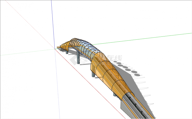 三段式有黄色和蓝色玻璃顶景观桥su模型-图二