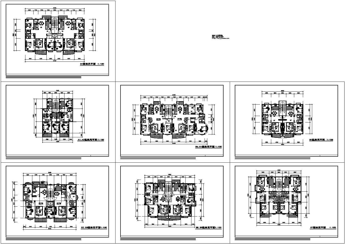 银川市某高档小区1梯2户住宅楼平面设计CAD图纸（7套）