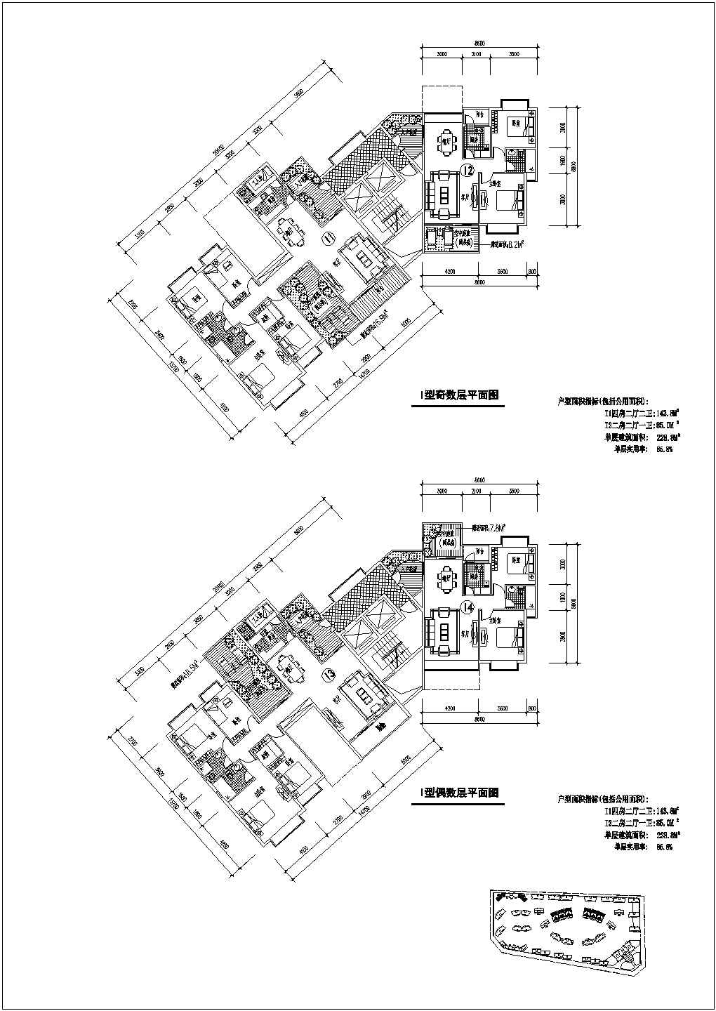 苏州某住宅楼1楼梯2电梯2户标准层平面设计CAD图纸