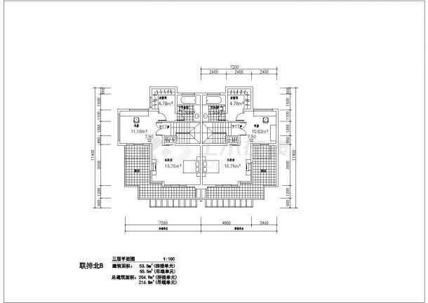 某连排北b别墅建筑方案设计详细施工CAD图纸-图二