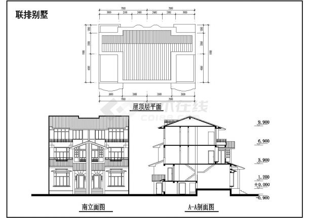 某联排小型别墅建筑设计详细施工方案CAD图纸-图二