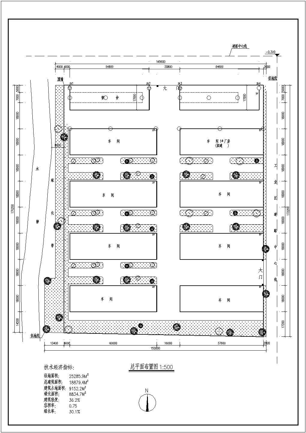 某现代标准工厂总平面布置规划设计详细施工CAD图纸