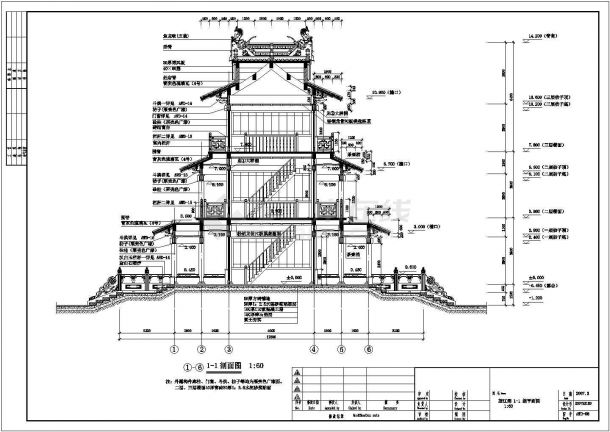 某滨江公园仿古风格三层框架结构望江阁设计cad全套建筑施工图（含设计说明，含总平面）-图一