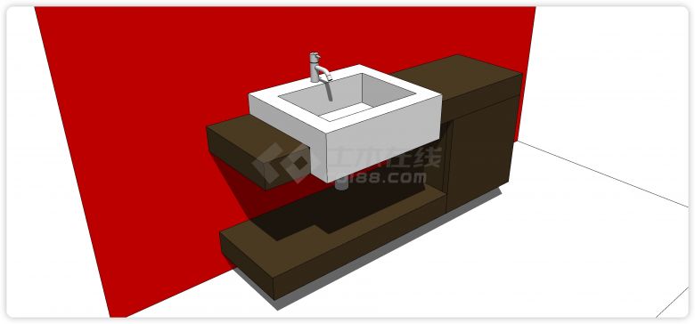 红色墙面黑棕色台面白瓷台上洗面盆su模型-图一