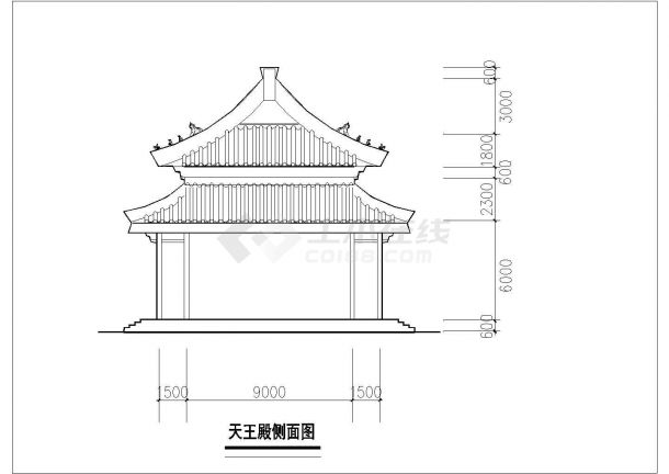 某仿古风格寺庙天王殿设计cad建筑平立剖面图-图二