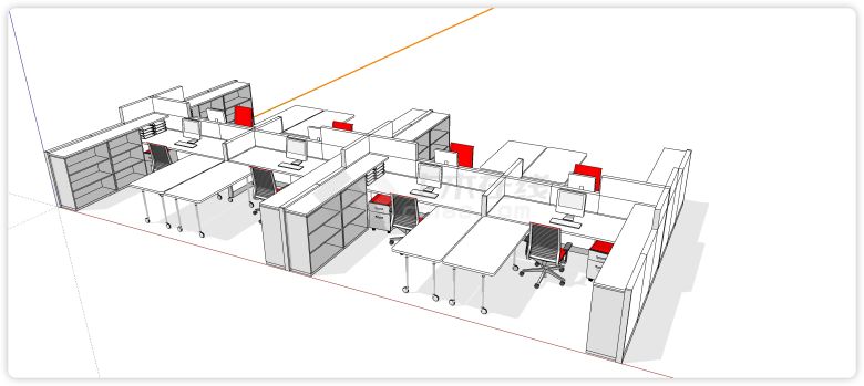 八人一字型办公位办公桌su模型-图一