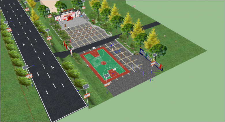 带篮球场乡村广场公园游园su模型-图二